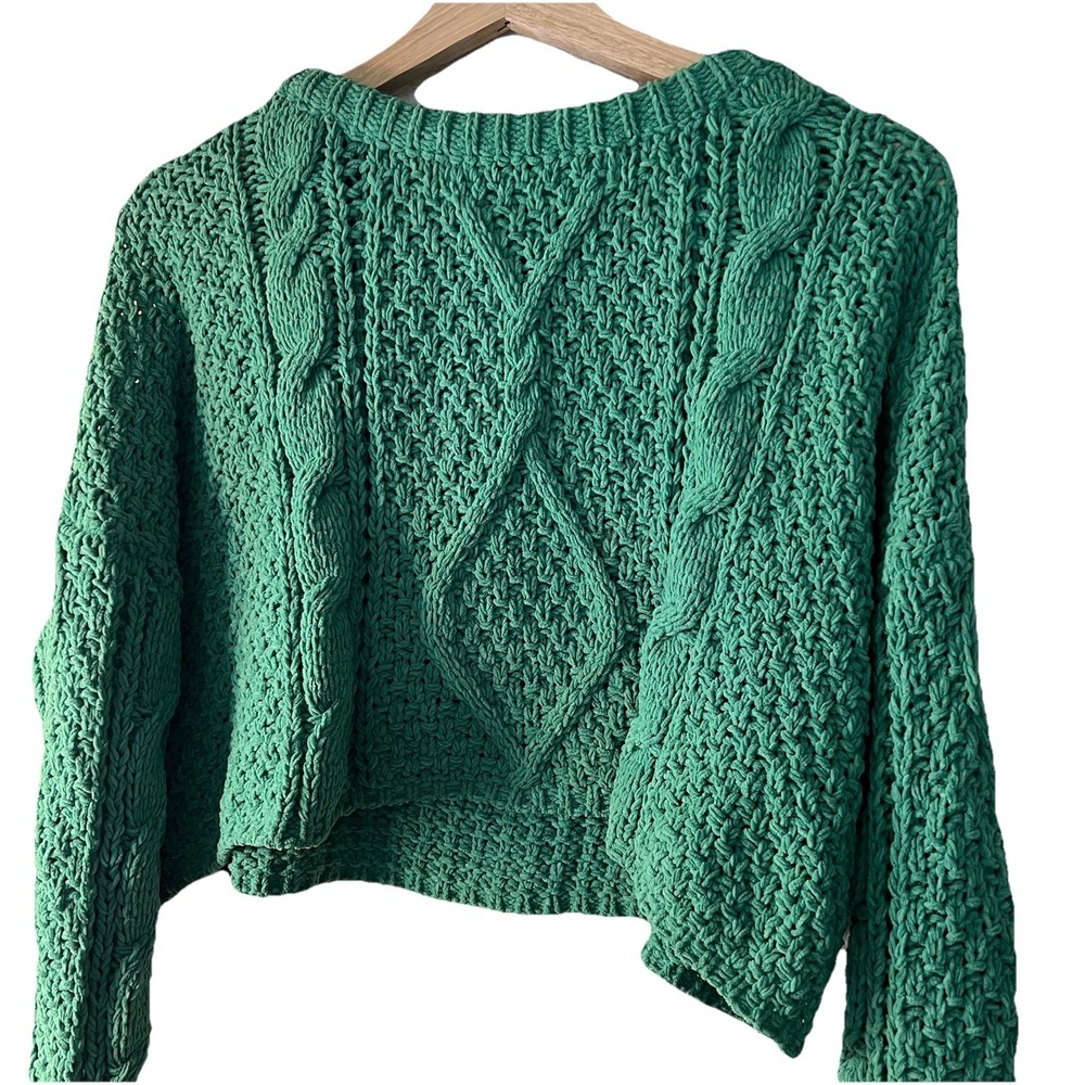 Böhme Cable Knit Cropped Kelly Green St Pattys Day Sweater Pullover XS Boho Ribb